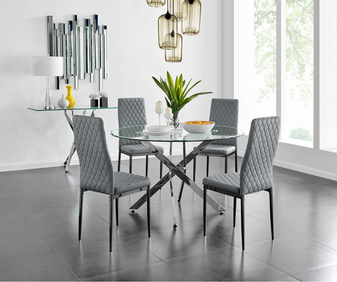 Canora Grey Tierra Modern Metal & Glass Round Dining Table Set with 4 Quilted Faux Leather Chairs Grey/Black 4