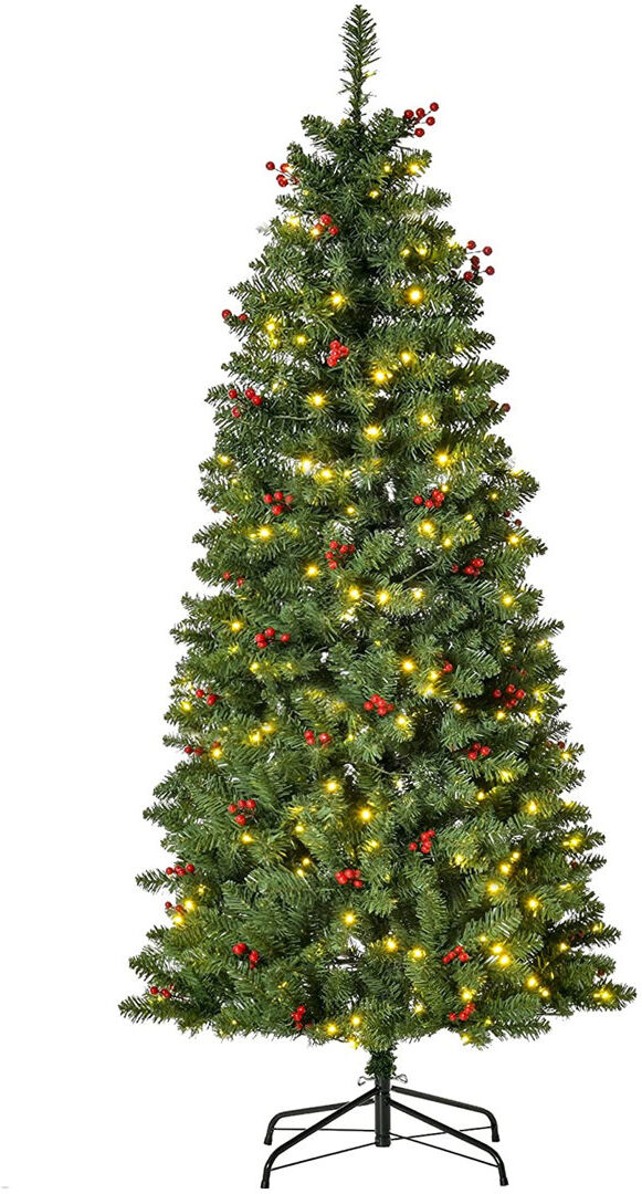 The Seasonal Aisle HOMCOM Prelit Pencil Christmas Tree w/ LED Light Berry Xmas Decoration Green 5' H