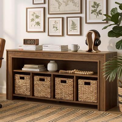 Bluebell 63-Inch Bookcase with 4 Woven Baskets for Living Room, Kids Room, Office, Toy & Book Storage, Brown