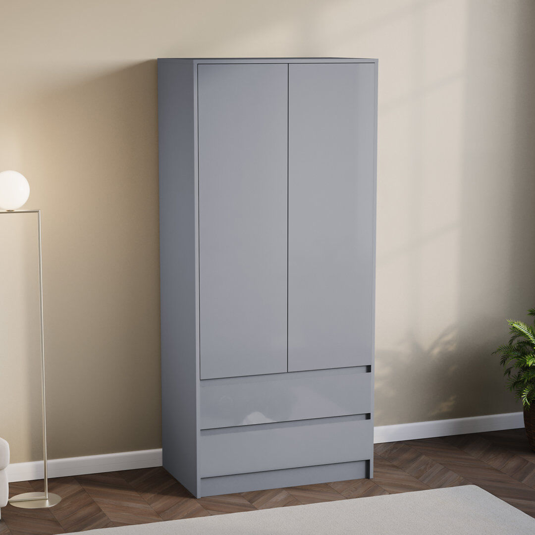 17 Stories Oslo 2 Door 2 Drawer High Gloss Wardrobe, (FSC 100%) Bedroom Home Clothing Storage Furniture Grey 170cm H X 76cm W X 53cm D