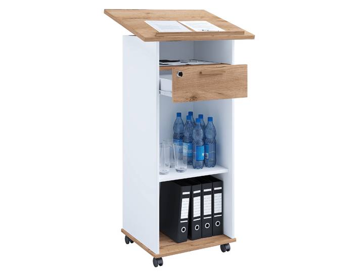 Bürowagen VCM Holz Stehpult Rednerpult Stehtisch Rollen Melta , braun (weiß, honig, eiche), B:60cm T:50cm, Tische, Bürowagen