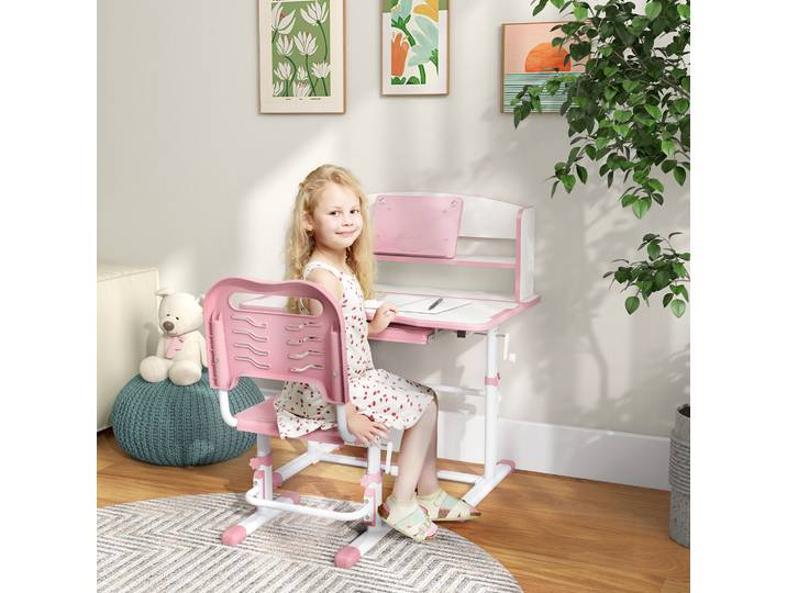 ZONEKIZ Bureau Enfant Réglable avec Chaise, Âge 6-12 Ans, Rose