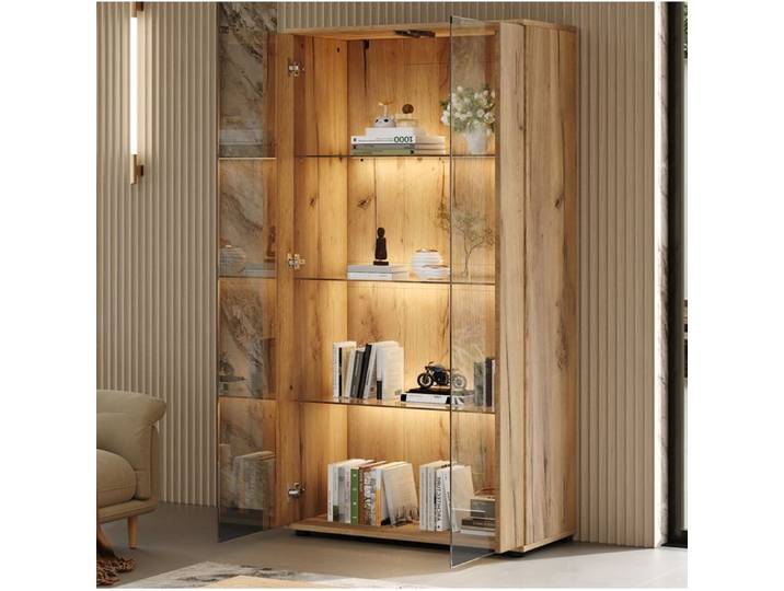 Vitrine haute 2 portes en verre 4 étagères LED réglable design moderne naturel 80x36x150 5 cm ORVRYN