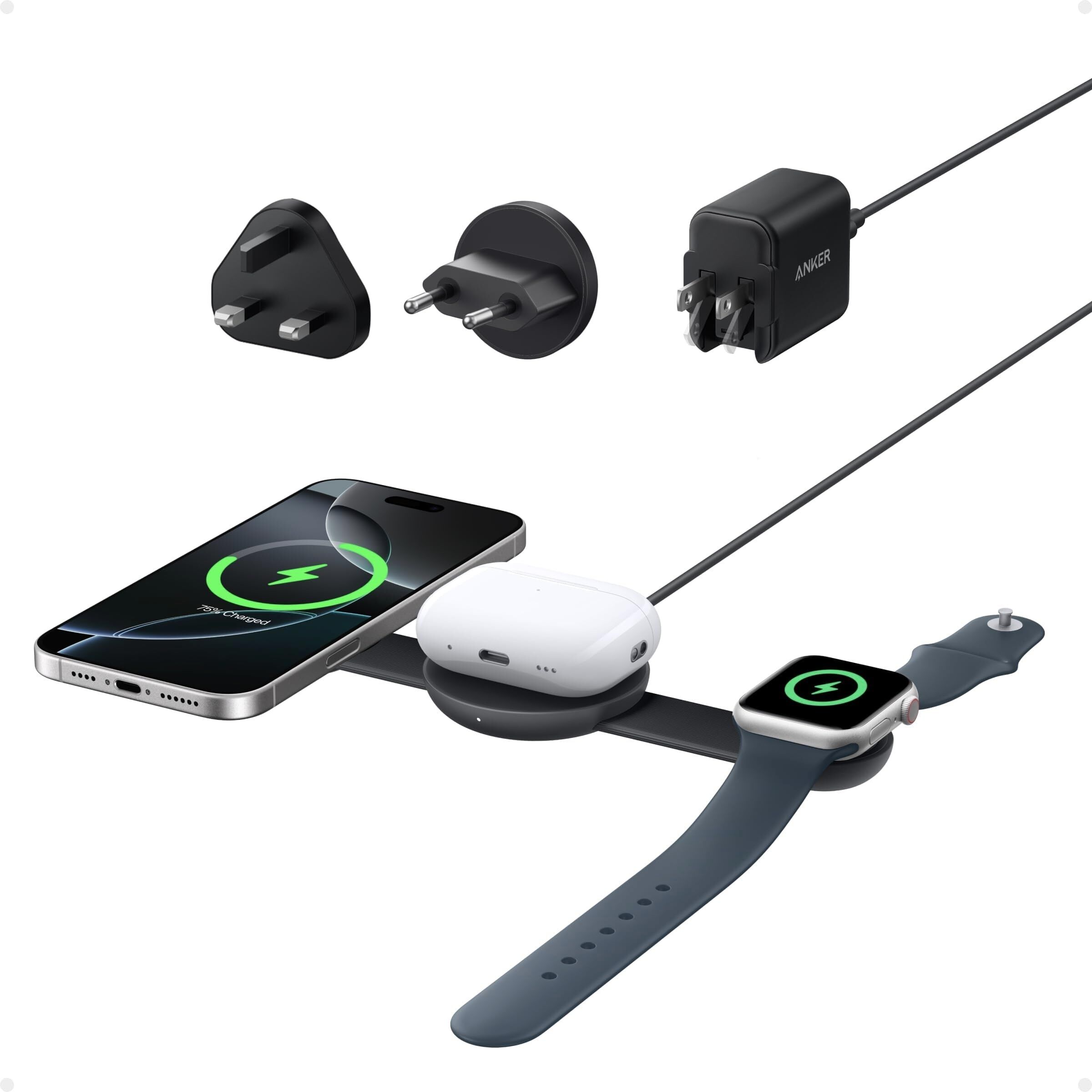 Anker MagSafe Compatible 3-in-1 Wireless Charging Station, Qi2 Certified 15W MagGo Charger, Foldable Travel Wireless Charging Pad for iPhone 17/16/15/