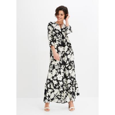 Maxikleid BONPRIX, Damen, Gr. 42, N-Gr, schwarz, creme geblümt, Obermaterial: 100% Viskose, ausgestellt, Kleider Maxikleid, für Frühling und Sommer, aus Viskose, ausgestellte Passform
