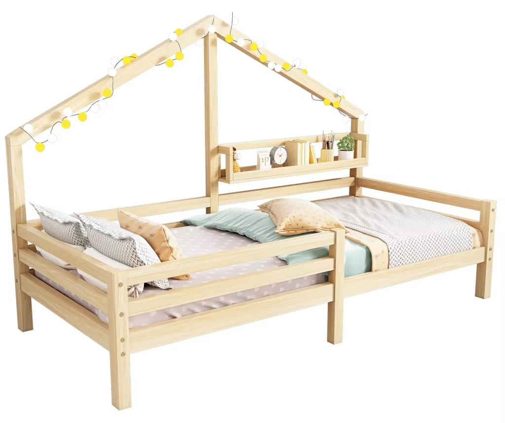 Kinderbett - Kinder-Einzelbett - 90 x 200 cm - Kiefer - Rausfallschutz - Lattenrost - Natur