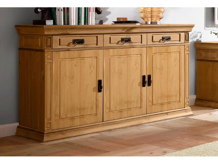 Sideboard GOODPRODUCT Vinales, kommode 3 Schubläden, 3 Türen, 2 Einlegeböden , beige (natur), B:158cm H:83cm T:39cm, FSC-zertifiziertes Massivholz, Sideboards, Sideboard, Messinggriffe im Jugendstil, Zierleiste und eleganter Sockel
