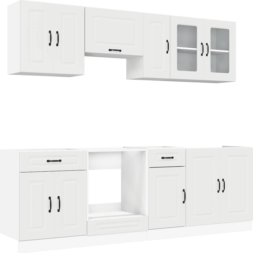 Küchenschrank-Set 8-teilig, für Küchenraum-Optimierung, aus Holzwerkstoff und Glas, mit verstellbaren Füßen, Weiß, Serie Kalmar