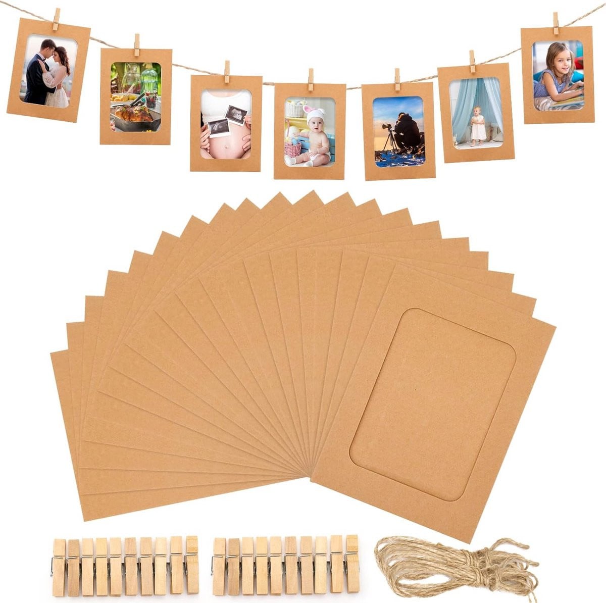 20 Stuks Bruine Kartonnen Fotolijsten met Houten Clips en Touw voor DIY Wanddecoratie