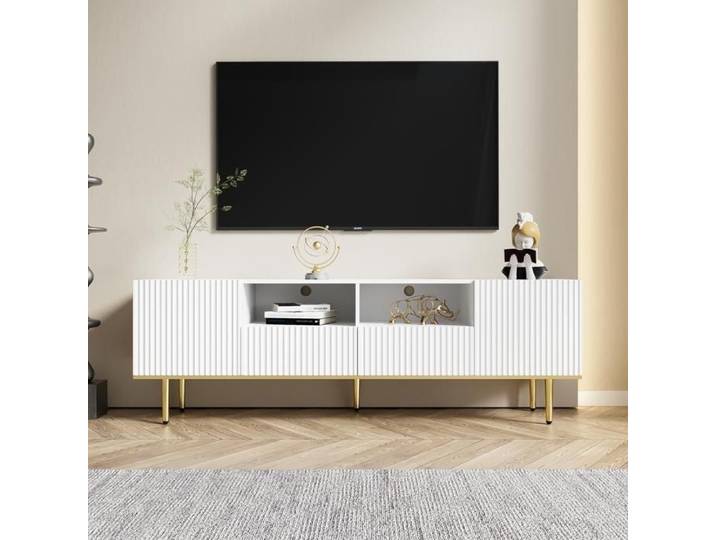 Meuble télévision - KOMHTOM - 165 x 36 x 55 cm - Laqué blanc - Portes rainurées - LED 16 couleurs