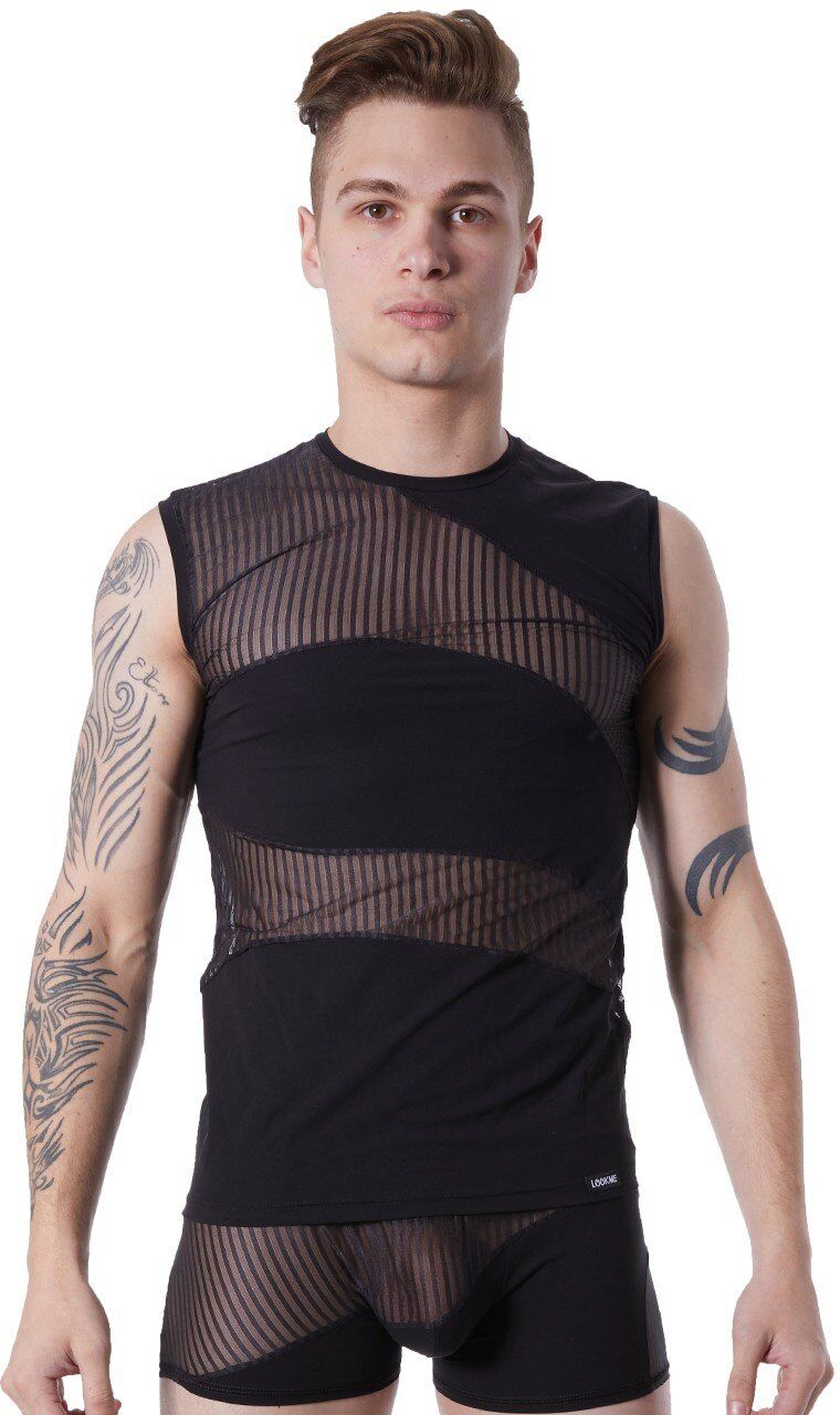 Look Me T-shirt débardeur noir col rond opaque et transparent avec fines rayures