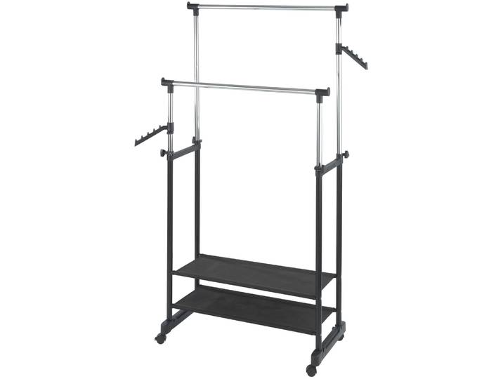 Kleiderständer WENKO Modell All Inn , silber (schwarz, silberfarben), B:89,5cm H:117cm T:43cm, Metall, Polypropylen, Garderobenständer, Kleiderständer, Garderobenständer mit 2 Ablagen und 2 Kleiderstangen, höhenverstellbar