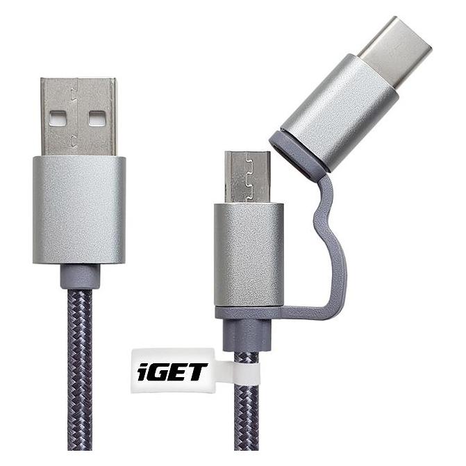 iGet G2V1 USB cable USB A USB C/Micro-USB A Metallic, Silver (1 m, USB 2.0) (G2V1)