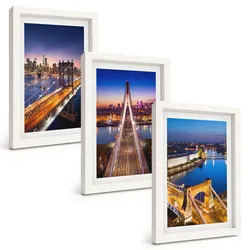 BILDER SET 3er Set - 20x30 cm Weißer Rahmen - Städte bei Nacht, Brücken, Flüsse