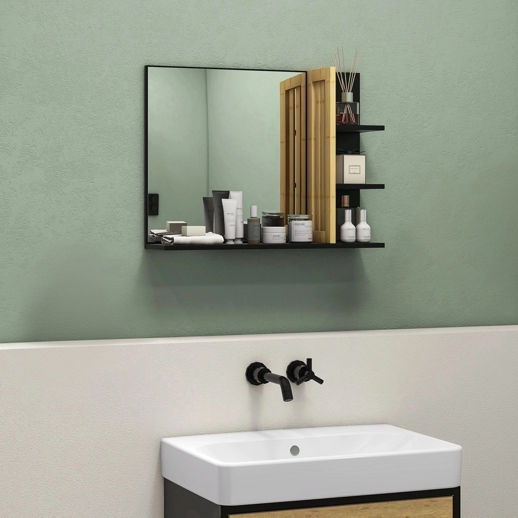 Homcom Specchiera Bagno Moderna da Parete a 4 Ripiani in Legno, 45x15x58.5cm, Nero Aosom