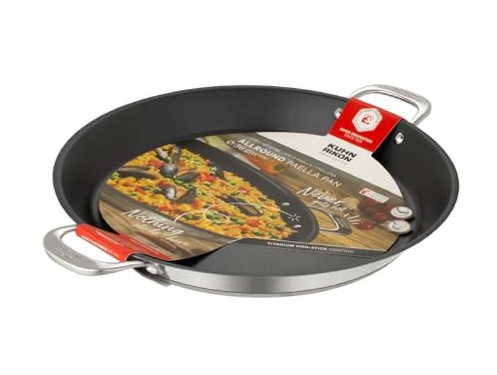 KUHN RIKON Allround Paellapfanne 36 cm - Induktion Edelstahl Antihaft Für alle Herdarten inkl. Induktion, Backofentauglich, Spülmaschinentauglich, Ergonomische Griffe, Langlebig, Niedriger Rand