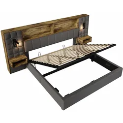 MODFU Polsterbett Leinen Grau 216x279x119 cm, 180x200 cm Liegefläche, mit Stauraum, LED-Leselampen & Nachttischen