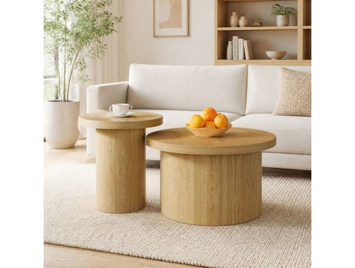 Table basse ronde lot de 2 – MDF effet bois naturel – modulable – marron