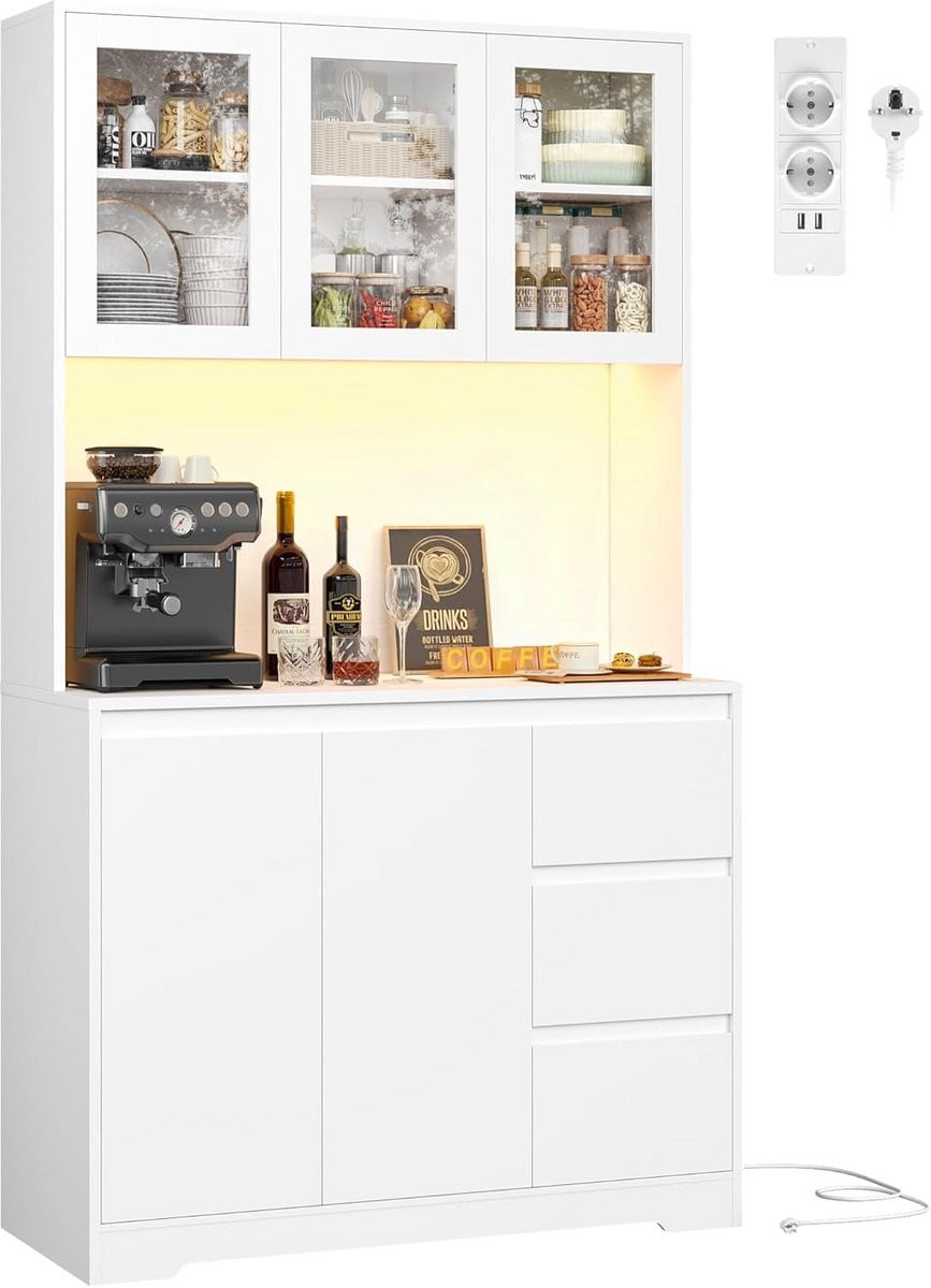 Wit Keukenbuffet met LED Verlichting, Stopcontact en 3 Lades - Breedte: 180 cm