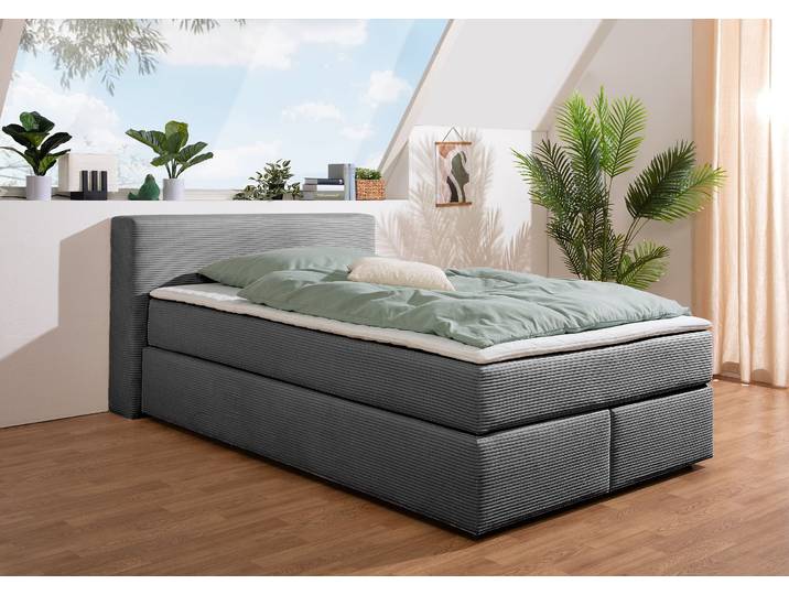Boxspringbett, Grau, 147x225 cm, Cord, Inklusiv Matratze & Topper, Skandinavisch, andas