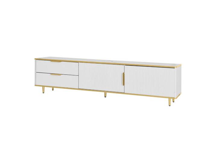 Modenvie Lowboard 170/37/45 cm aus Holzwerkstoff mit geschnitzter Front Weiß/Gold, 175x45x40 cm, Wohnzimmer, TV Möbel, Lowboards, Lowboards stehend