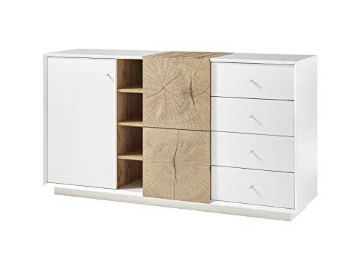 Robas Lund Sideboard weiß matt, Wohnzimmerschrank mit Absetzung Eiche Hirnholzoptik, BxHxT 152x83x40 cm