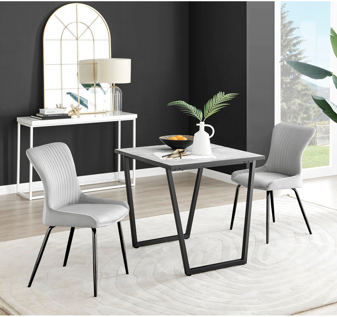 Canora Grey Industrial Design White & Grey Marble Effect Melamine Dining Table and 2 Velvet Dining Chairs Light Grey/Black 2
