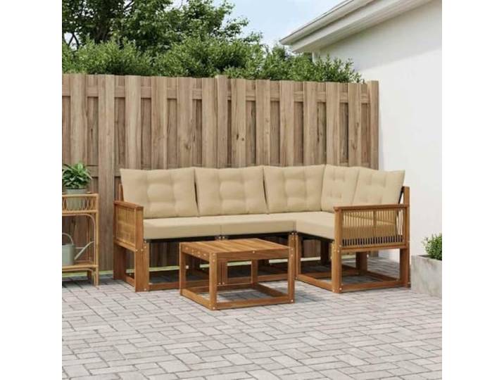 HFMDRMU Moderne Outdoor-Sofagarnitur mit Kissen 5 pcs, Natur und Beige, aus massivem Akazienholz und Textilene-Sitzfläche, abnehmbare Kissen mit Reißverschluss, Tischplatte