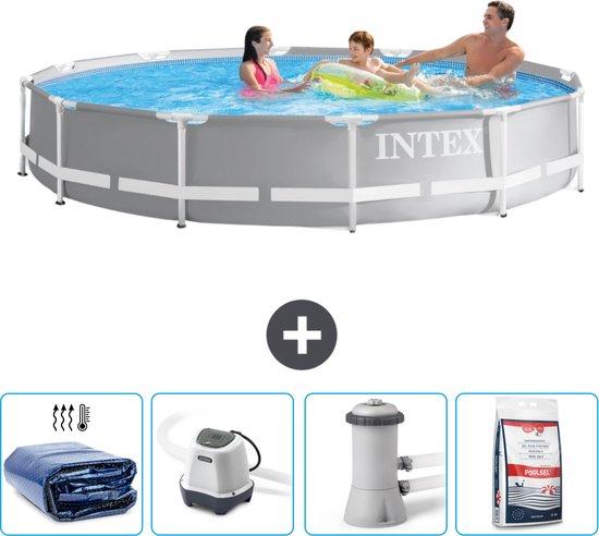 Intex Rond Prismen Schwimmbecken - 366 x 76 cm - Grau - Mit Sonnenschutz - Salzwassersystem - Schwimmbeckenpumpe - Schwimmbecken-Salz