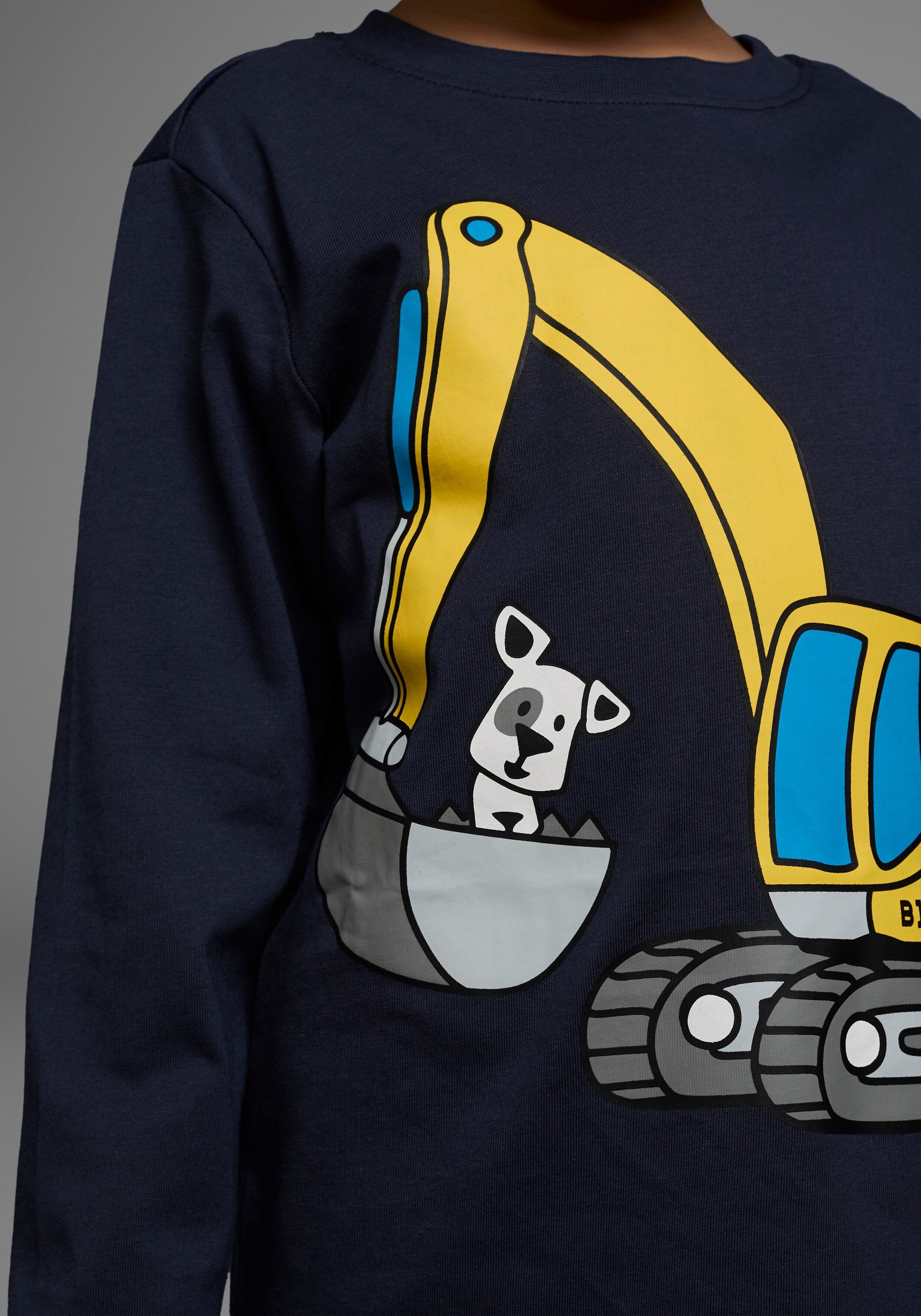 Langarmshirt KIDSWORLD "Shirt mit Druck: HUND MIT BAGGER", Jungen, Gr. 92/98, blau (marine), Jersey, Obermaterial: 100% Baumwolle, bedruckt, Basic, Rundhals, Shirts Langarmshirt, Langarm, Basic-Passform, mit stylischem Druck, Rundhalsausschnitt marine 92/