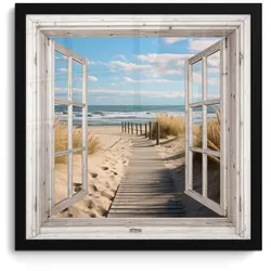 POSTER MIT RAHMEN Fenster - Meer - Küste - Natur - Ausblick - Strand - Wattenmeer 40x40 cm