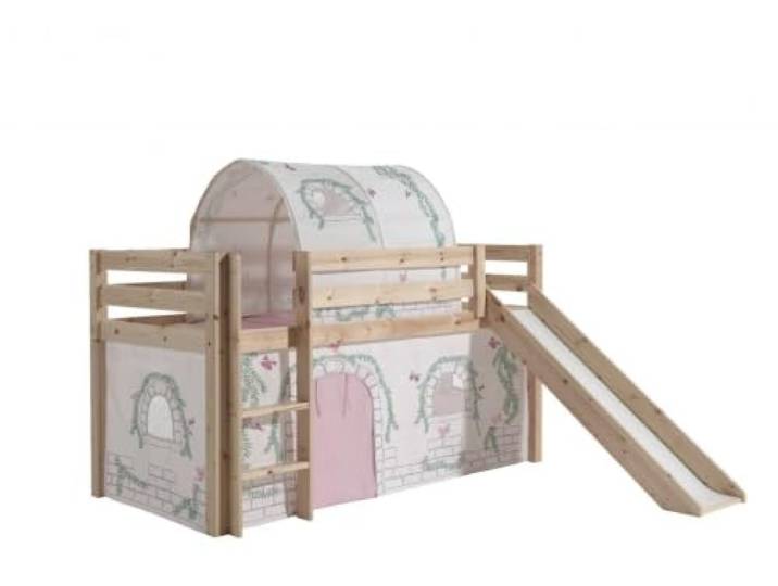 Vipack Spielbett Pino inkl. Rutsche mit Textilset Vorhang und Tunnel Birdy Kiefer massiv Natur