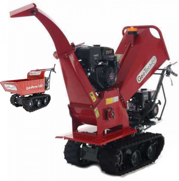 GeoTech Pro BMS 155 LE  2-in-1-Häcksler auf Raupenwerk 330D mit Dumpermulde 4 Laufrollen  15 PS Loncin-Motor  Dumper