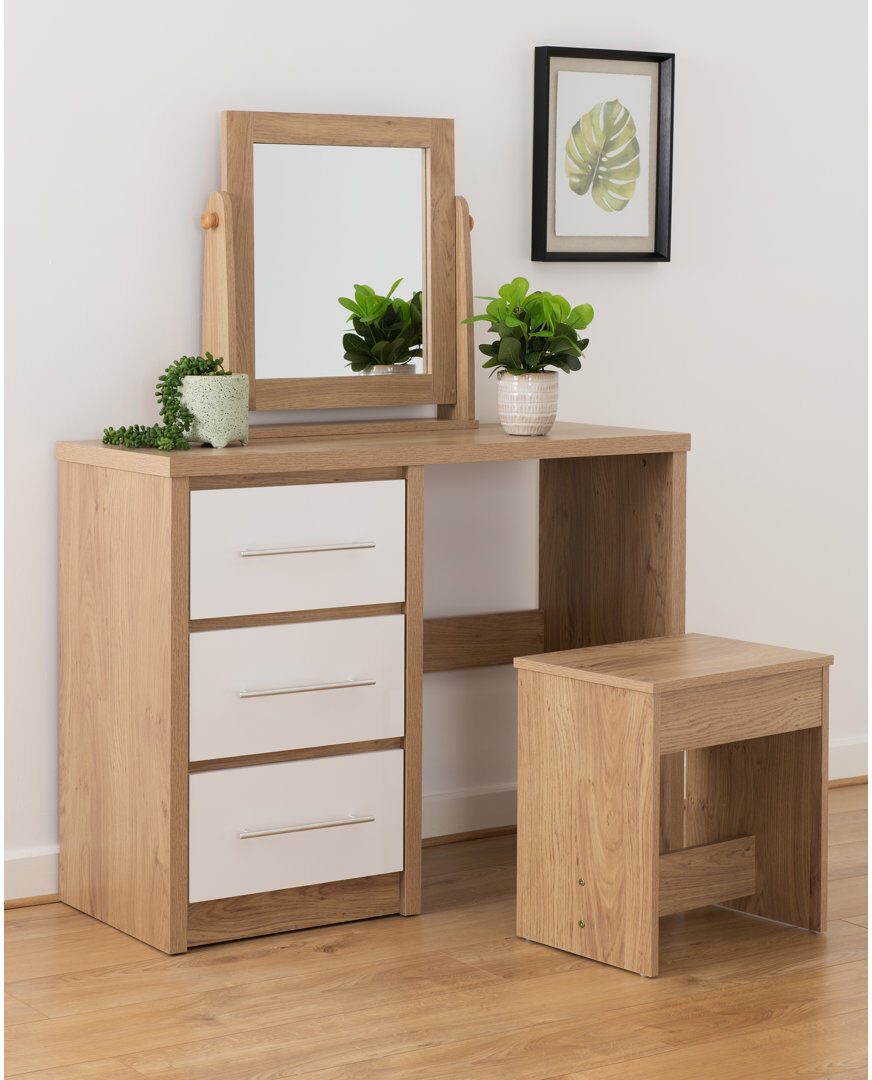 Zipcode Design Louisa Dressing Table Set White Gloss/Oak Effect 76.5cm H X 100cm W X 39.5cm D