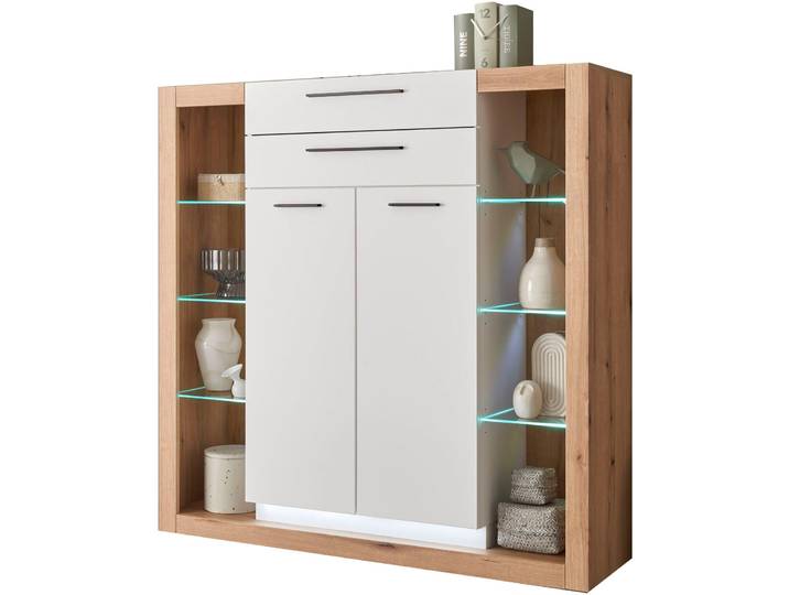 Highboard HOME AFFAIRE Brixen, moderne Kommode, Stauraumelement in Eiche Evoke Dekor , weiss (eiche evoke, weiß), B:141cm H:139cm T:37cm, Sideboards, Highboard, Metallgriffe, ausreichend Stauraum, vielseitig einsetzbar