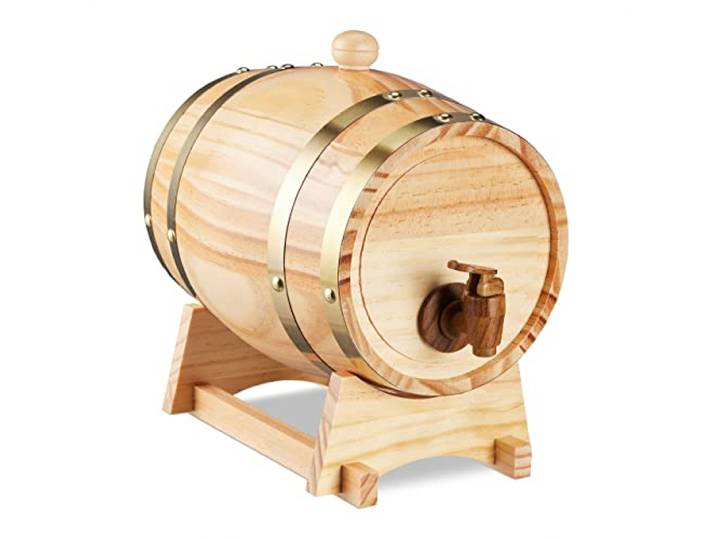 Relaxdays mini whiskey vat, 2,2 liter, whiskey tonnetje, houten vaatje met tap, drank dispenser met houder, natuur