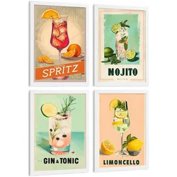 POSTER 4er Set Cocktail-Wandbilder Mojito Gin Tonic und Limoncello Vintage Retro Küche Bar Deko Weißer Rahmen A4