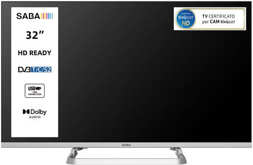 Saba SA32M10 TV 32'' HD READY, Triplo tuner DVBT2/C/S2 HEVC MAIN10, Certificato TivuSAT, Piedistallo centrale, Dolby Audio