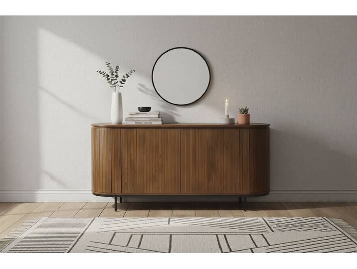 Sideboard SIT Newcastle aus massivem Mangoholz mit Lamellenfront & 4 Türen , beige (natur, schwarz), B:170cm H:80cm T:45cm, Massivholz, Metall, Sideboards, Sideboard, 4 Türen, 8 Fächer & zarte Lamellenfront aus Mangoholz