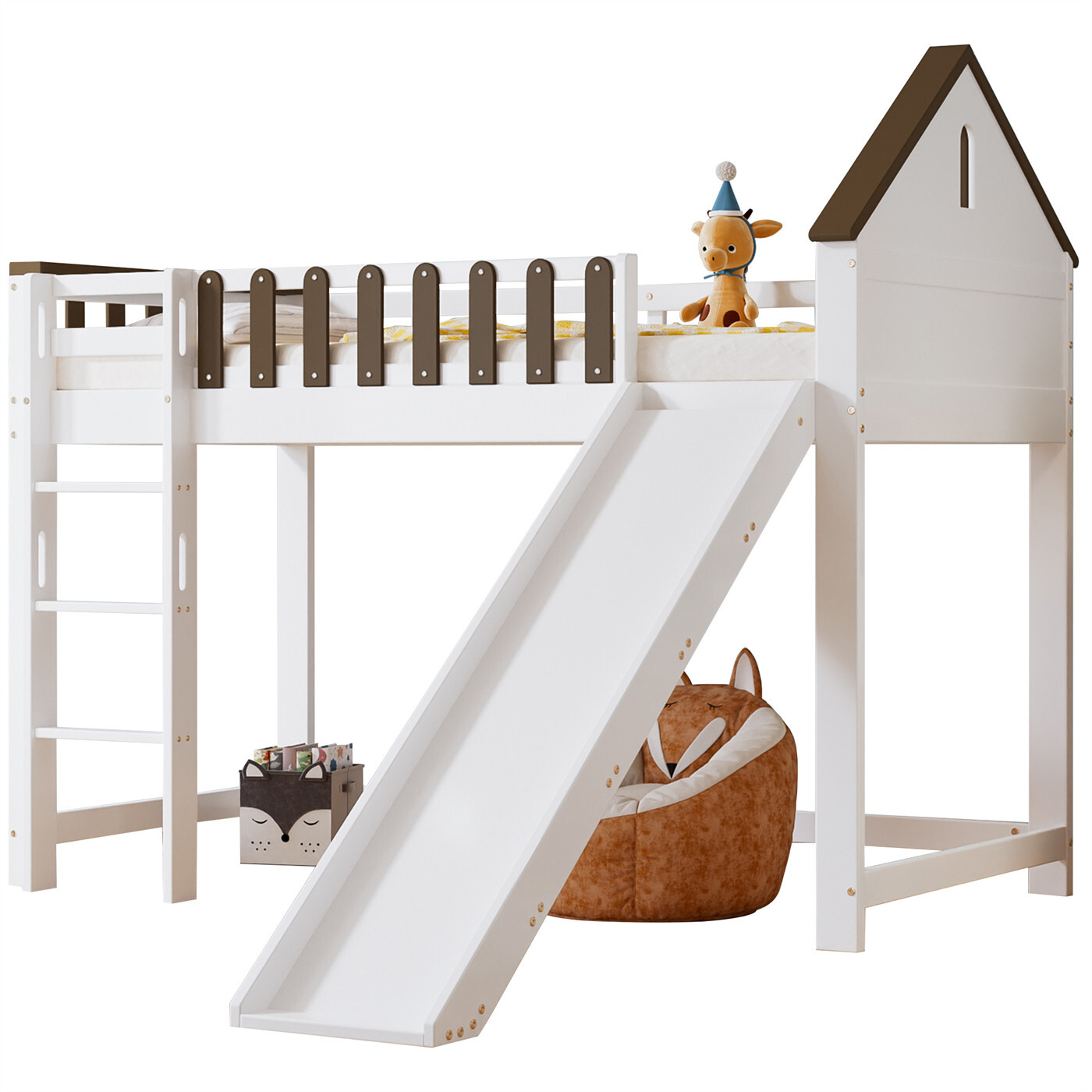 Hochbett, Mit Dach und Fenster, Mit dreistufiger gerader Leiter, Jugendbett, Kinderbett mit Rutsche, Kiefer+MDF, Weiß+Walnuss