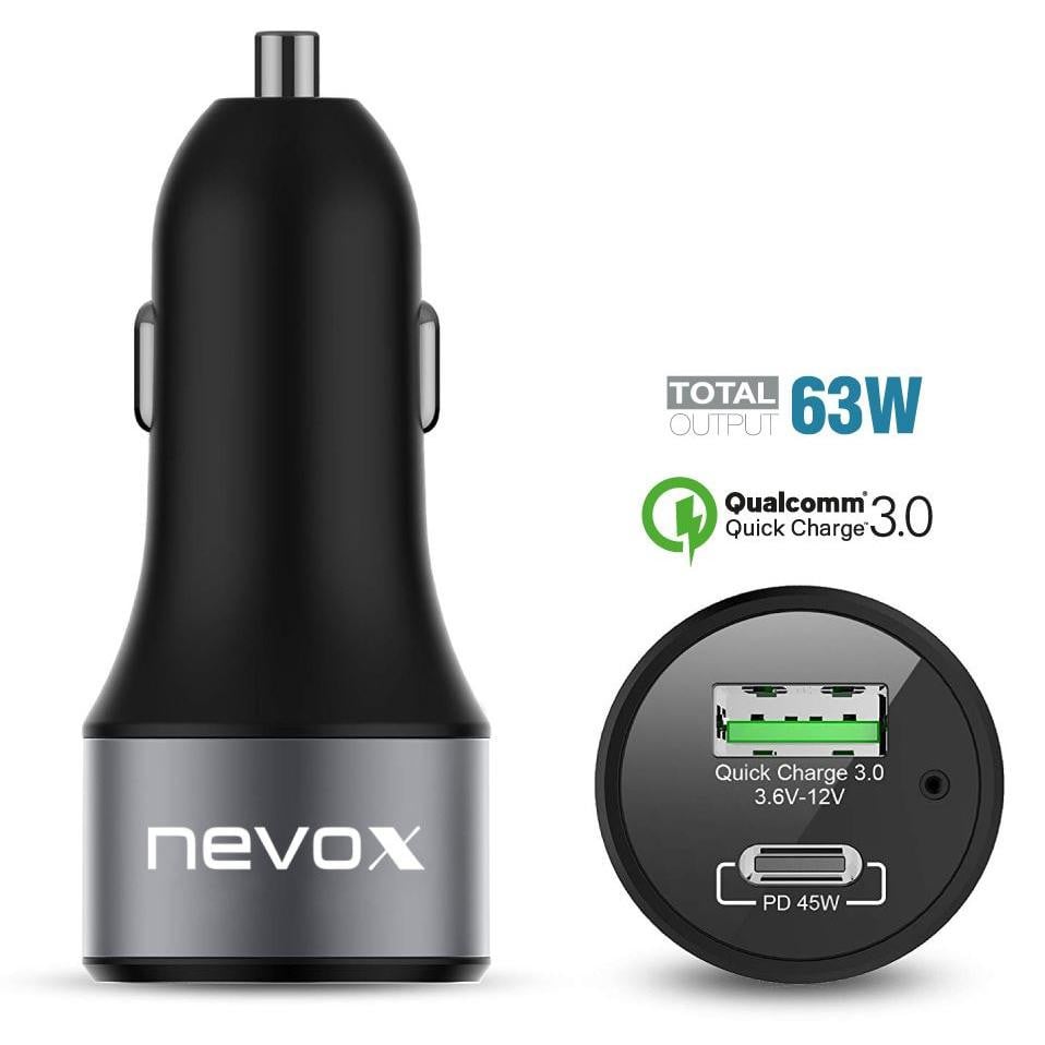 Nevox PD autolader 63W met USB-C en USB, QC 3.0, zwart