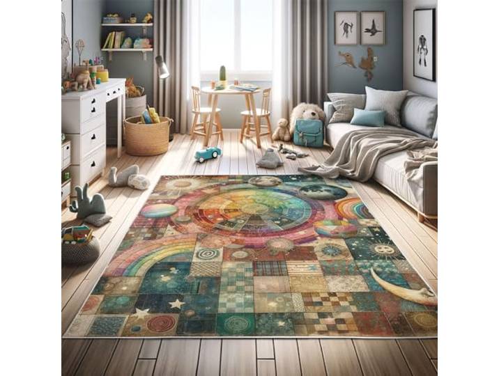 ABAKUHAUS Planeten Dekorativer Teppich, Patchwork-Look Weltraum, Hochwertiger Flächenteppich für Schlafzimmer und Wohnzimmer, 60x152 cm, Mehrfarbig Brau