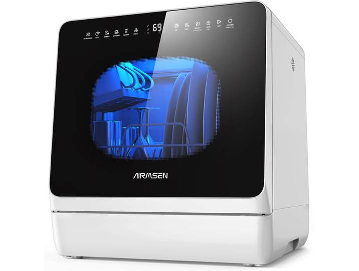 Airmsen Lave-vaisselle de Comptoir - 8 Programmes de Lavage &amp; 3 Fonctions Utiles, Détartrant à Eau Intégré, Départ Différé, Sécurité Enfant, Aucune Installation Requise, Mini Portable pour Maison, Appartements &amp; Camping-cars