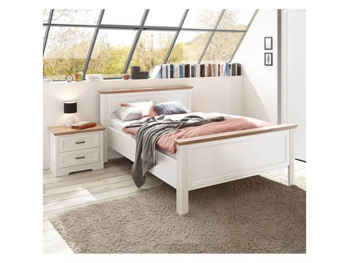 Lomadox Schlafzimmermöbel Set 2-teilig mit Bett 140x200cm, Nachttisch in Pinie weiß mit Eiche Landhaus