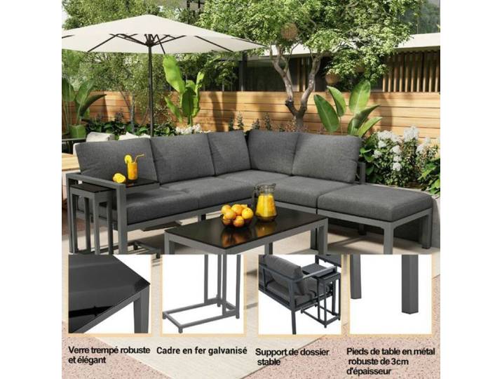 Salon bas confort 5 pièces gris mobilier pour balcon et terrasse cadre aluminium résistant coussins 9 cm