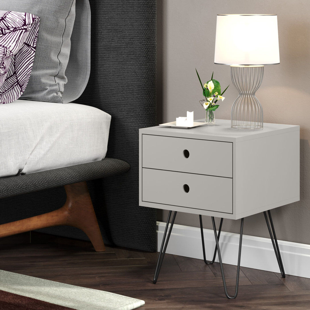 Hykkon Kiefer Premium 2 Drawer Bedside Table - Stylish Two-Tone Nightstand, End Table Grey 54cm H X 40cm W X 40cm D