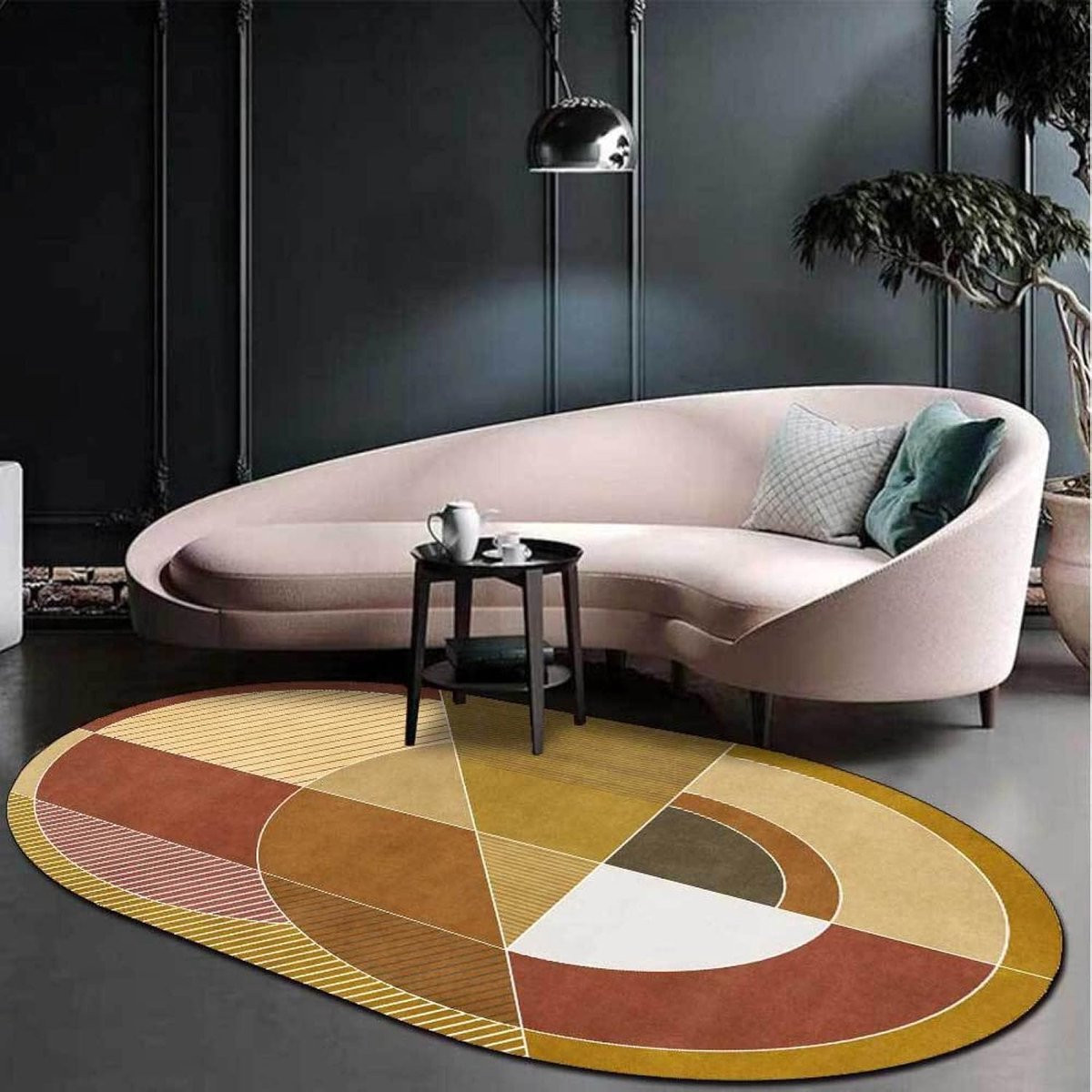 Modern Ovaal Vloerkleed met Geometrisch Design - Bruin Geel - Antislip