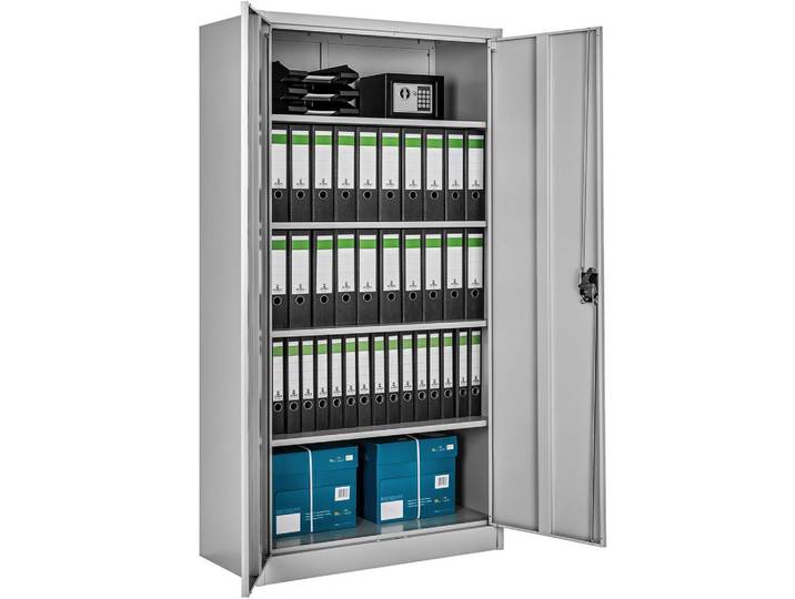 tectake Aktenschrank Blain 40x80x180cm Grau,Stahl,Höhenverstellbare Regale,Abschließbar,Sicherheits-Schloss,Flügeltüren,geräuscharm, Metall, 40x180x80 cm, Büromöbel, Büroschränke, Aktenschränke