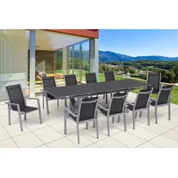 OUTFLEXX Garten-Essgruppe, silber, Alu / Keramik / Textil, Tisch 180/280x100cm, 10 Stapelsessel
