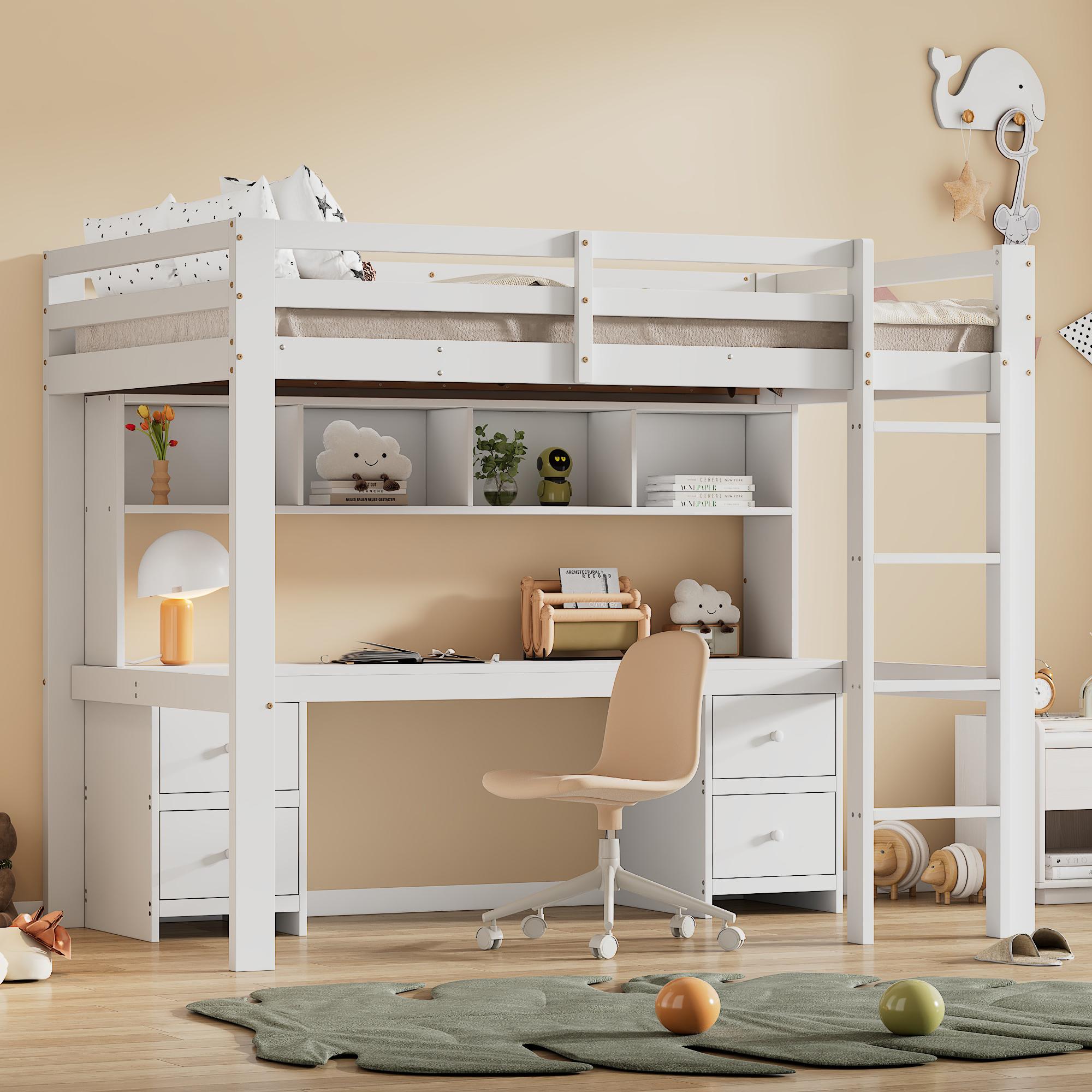 Flieks Etagenbett 90x200cm mit Schreibtisch und Schrank, Hochbett mit Regal, Kinderbett Jugendbett mit Lattenrost, Stockbett mit Leiter, Holzbett Weiß